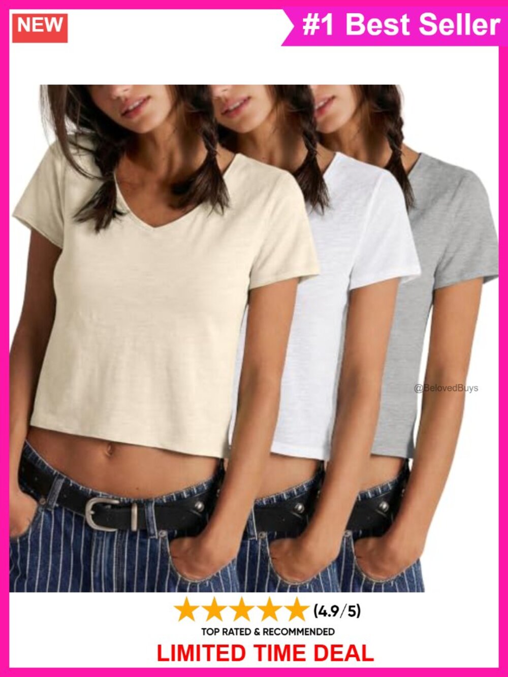 Womens Slub Cotton V Neck Crop Tops Short Sleeve Tee 3 Pack Casual Summer